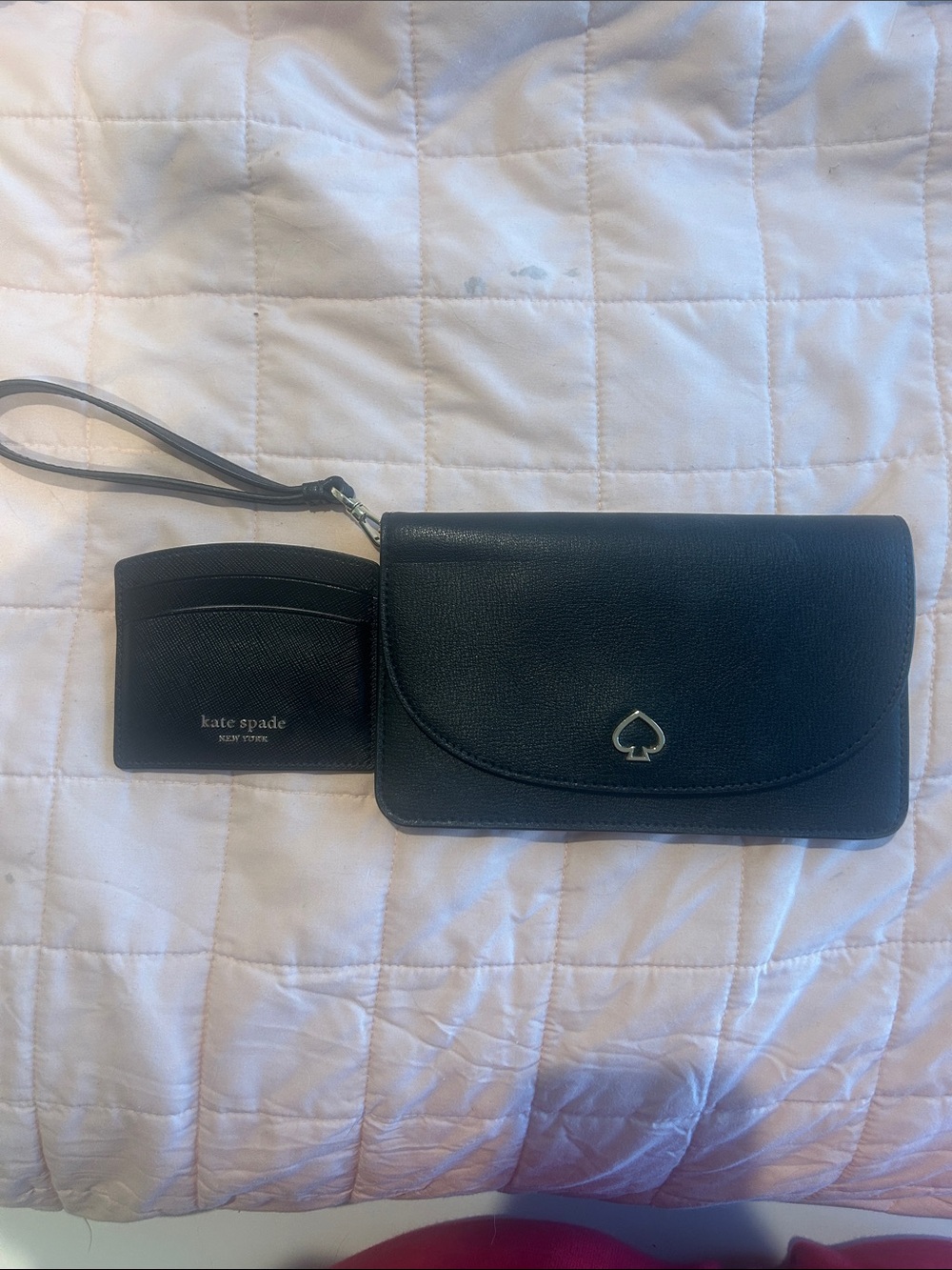 kate spade black leather wristlet with matching card case